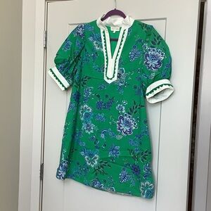 Green Floral Shift Dress with White Trim